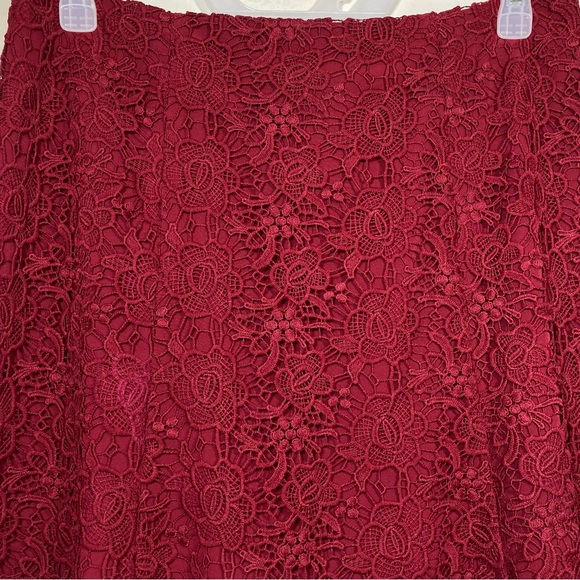 NANETTE LEPORE Women's Burgundy Floral Lace Crochet Flounce Skater Skirt Size 12 - Picture 3 of 10